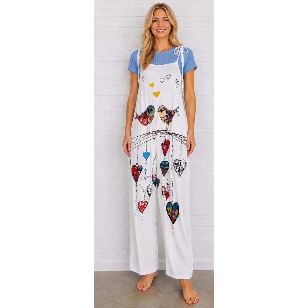 Birds of a Feather White w/ Multicolor CottageCore Pull-On Overall Jumpsuit M L